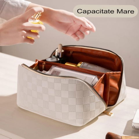 Geanta de calatorie  pentru cosmetice, portabila, impermeabila, din piele ecologica, compartimente multiple, cu fermoar, 22 x 13 x 12.5 cm, in carouri, crem [1]