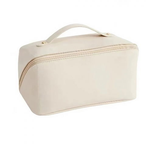 Organizatoare, perne voiaj şi accesorii - Geanta de calatorie  pentru cosmetice, portabila, impermeabila, din piele ecologica, compartimente multiple, cu fermoar, 23 x 11.5 x 10.5 cm, crem