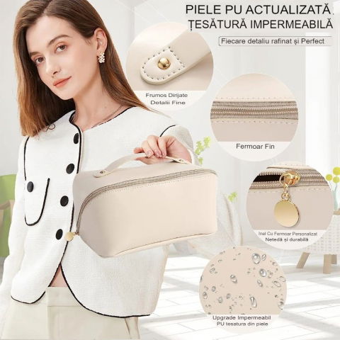 Geanta de calatorie  pentru cosmetice, portabila, impermeabila, din piele ecologica, compartimente multiple, cu fermoar, 23 x 11.5 x 10.5 cm, crem [10]