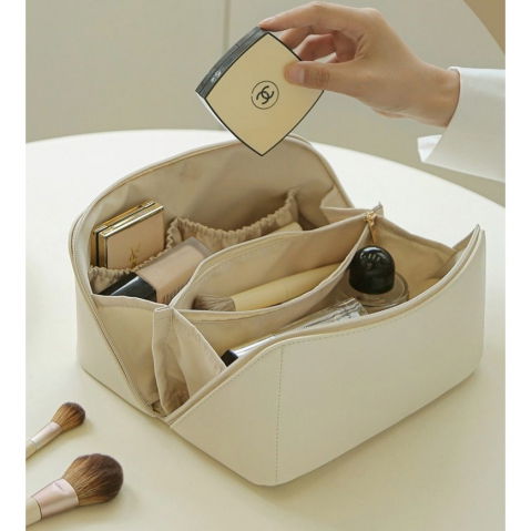 Geanta de calatorie  pentru cosmetice, portabila, impermeabila, din piele ecologica, compartimente multiple, cu fermoar, 23 x 11.5 x 10.5 cm, crem [7]