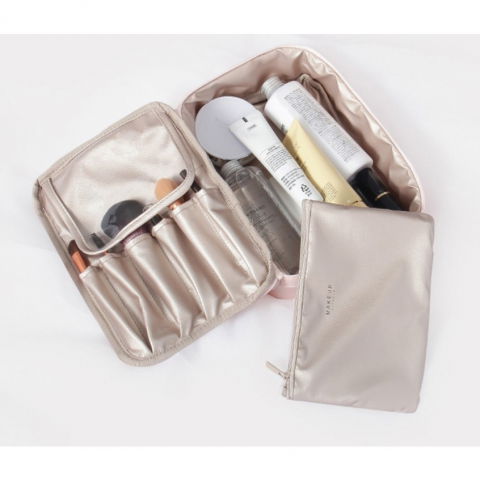 Geanta de calatorie, pentru cosmetice si articole de toaleta, material impermeabil, 2 in 1, portfard interior detasabil, 23 x 16 x 8 cm, roz [4]