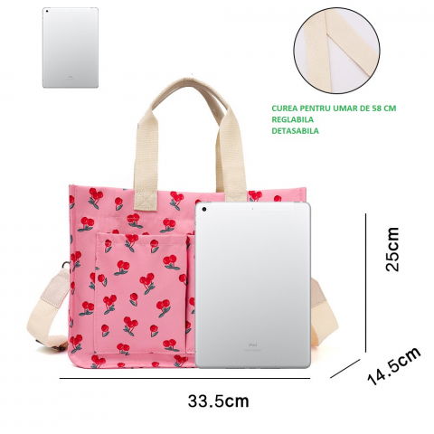 Geanta de mana/umar, multifunctionala, inchidere cu capsa, imprimeu cirese, material textil, 33.5 x 25 x 14.5 cm, roz [2]