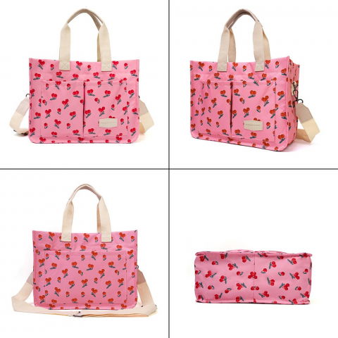 Geanta de mana/umar, multifunctionala, inchidere cu capsa, imprimeu cirese, material textil, 33.5 x 25 x 14.5 cm, roz [4]