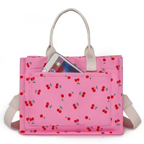 Geanta de mana/umar, multifunctionala, inchidere cu capsa, imprimeu cirese, material textil, 33.5 x 25 x 14.5 cm, roz [6]