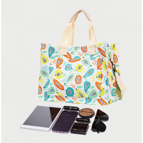 Geanta de mana/umar, multifunctionala, inchidere cu capsa, imprimeu fructe, material textil, 33.5 x 25 x 14.5 cm, multicolor [6]