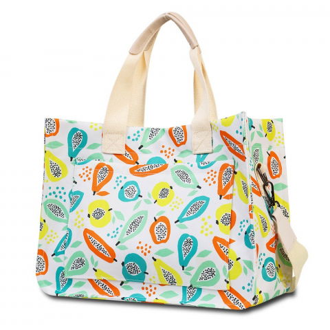 Geanta de mana/umar, multifunctionala, inchidere cu capsa, imprimeu fructe, material textil, 33.5 x 25 x 14.5 cm, multicolor [4]