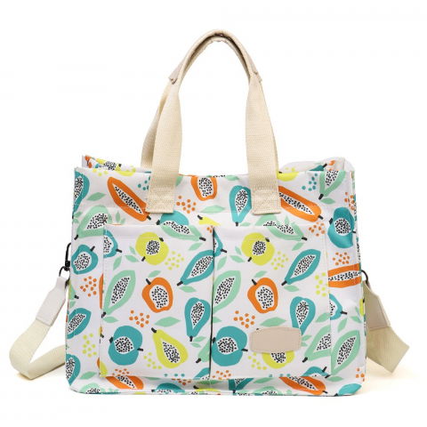 Genti, organizatoare şi accesorii voiaj - Geanta de mana/umar, multifunctionala, inchidere cu capsa, imprimeu fructe, material textil, 33.5 x 25 x 14.5 cm, multicolor