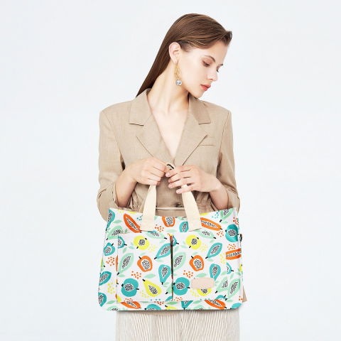 Geanta de mana/umar, multifunctionala, inchidere cu capsa, imprimeu fructe, material textil, 33.5 x 25 x 14.5 cm, multicolor [5]