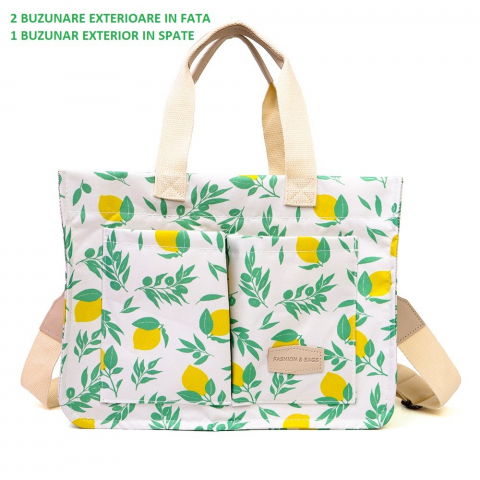 Geanta de mana/umar, multifunctionala, inchidere cu capsa, imprimeu lamai, material textil, 33.5 x 25 x 14.5 cm, alb/galben [1]