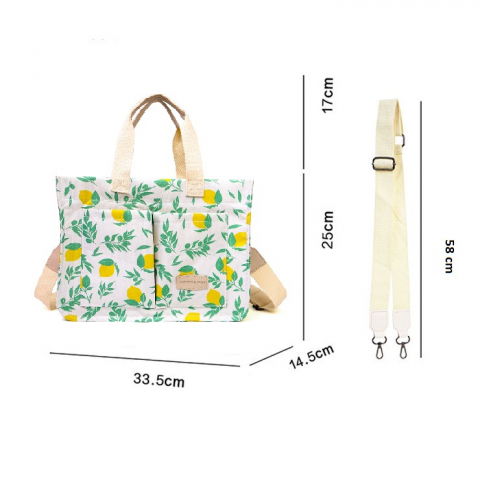 Geanta de mana/umar, multifunctionala, inchidere cu capsa, imprimeu lamai, material textil, 33.5 x 25 x 14.5 cm, alb/galben [2]