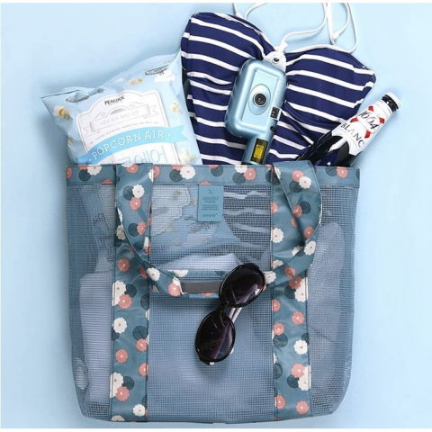 Geanta de plaja, din plasa transparenta, imprimeu floral, 43 x 10 x 33 cm, model pentru umar, lungime inferioara 33 cm, albastru [7]