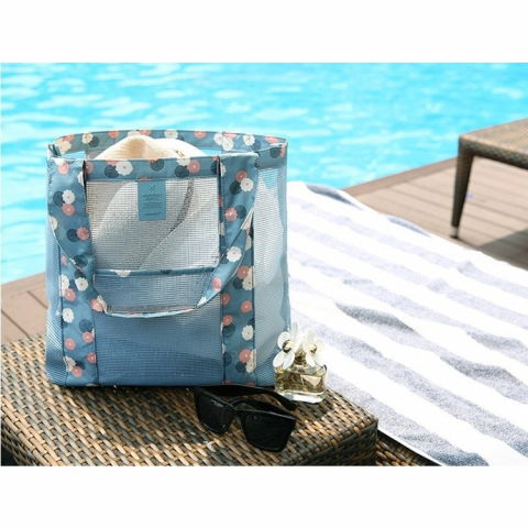 Geanta de plaja, din plasa transparenta, imprimeu floral, 43 x 10 x 33 cm, model pentru umar, lungime inferioara 33 cm, albastru [4]