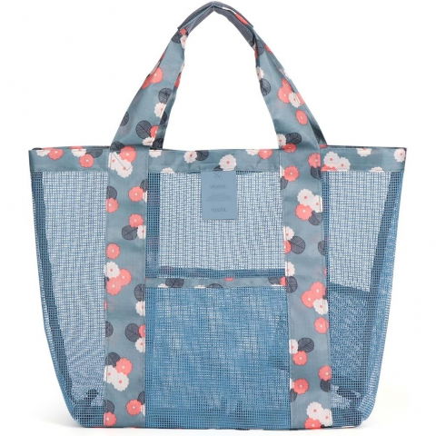 Genti, organizatoare şi accesorii voiaj - Geanta de plaja, din plasa transparenta, imprimeu floral, 43 x 10 x 33 cm, model pentru umar, lungime inferioara 33 cm, albastru