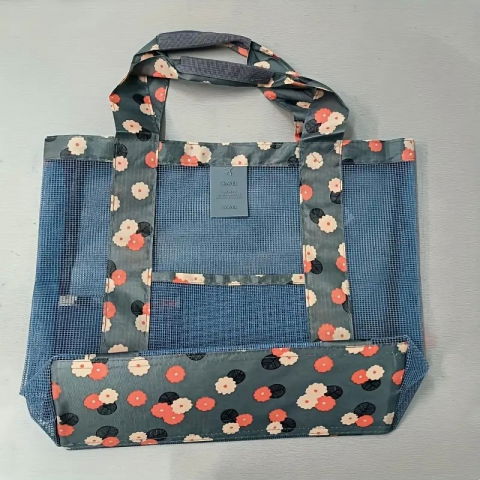 Geanta de plaja, din plasa transparenta, imprimeu floral, 43 x 10 x 33 cm, model pentru umar, lungime inferioara 33 cm, albastru [9]