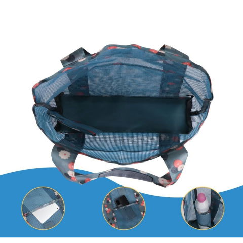 Geanta de plaja, din plasa transparenta, imprimeu floral, 43 x 10 x 33 cm, model pentru umar, lungime inferioara 33 cm, albastru [1]