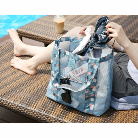 Geanta de plaja, din plasa transparenta, imprimeu floral, 43 x 10 x 33 cm, model pentru umar, lungime inferioara 33 cm, albastru [5]