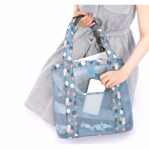 Geanta de plaja, din plasa transparenta, imprimeu floral, 43 x 10 x 33 cm, model pentru umar, lungime inferioara 33 cm, albastru [3]