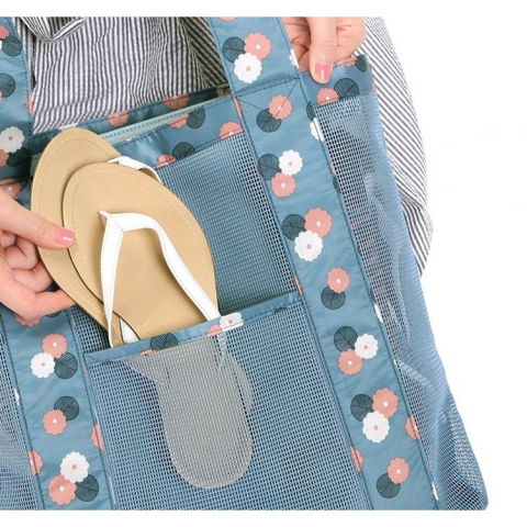 Geanta de plaja, din plasa transparenta, imprimeu floral, 43 x 10 x 33 cm, model pentru umar, lungime inferioara 33 cm, albastru [6]