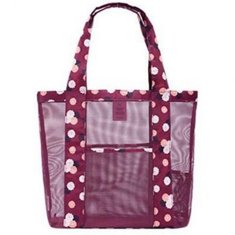 Geanta de plaja, din plasa transparenta, imprimeu floral, 43 x 10 x 33 cm, model pentru umar, lungime inferioara 33 cm, burgundy [5]