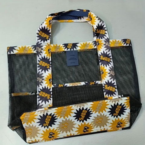 Geanta de plaja, din plasa transparenta, imprimeu oops, 43 x 10 x 33 cm, model pentru umar, lungime inferioara 33 cm, negru [3]