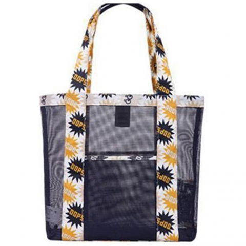 Genti, organizatoare şi accesorii voiaj - Geanta de plaja, din plasa transparenta, imprimeu oops, 43 x 10 x 33 cm, model pentru umar, lungime inferioara 33 cm, negru