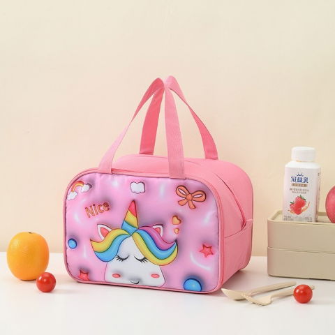 Geantă frigorifică, cu desene animat 3d, portabilă pentru copii, de prânz, din pânză oxford, 27.5x18x20 cm, model unicorn, roz [2]