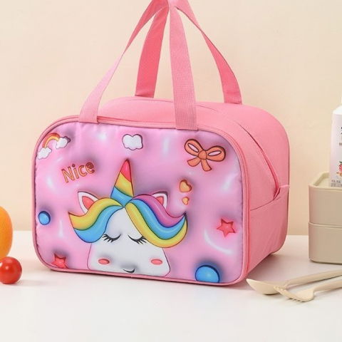 Geantă frigorifică, cu desene animat 3d, portabilă pentru copii, de prânz, din pânză oxford, 27.5x18x20 cm, model unicorn, roz [8]