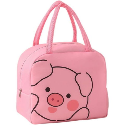 Genți termice pentru copii - Geantă frigorifică, cu desene animat, portabilă pentru copii, de prânz, din pânză oxford, 22x14x19 cm, model purcelus, roz