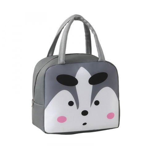 Genți termice pentru copii - Geantă frigorifică, cu desene animat, portabilă pentru copii, de prânz, din pânză oxford, 22x14x19 cm, model vulpe, gri