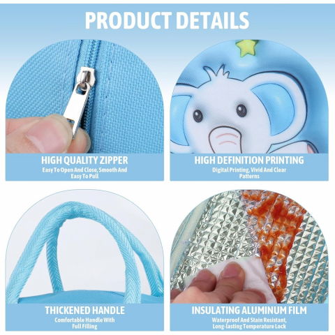 Geantă frigorifică, cu desene animate 3d, portabilă pentru copii, de prânz, din pânză oxford, 23x13x19 cm, model elefantel, albastru [6]
