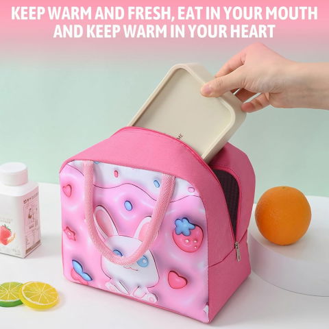 Geantă frigorifică, cu desene animate 3d, portabilă pentru copii, de prânz, din pânză oxford, 23x13x19 cm, model iepuras, roz [2]