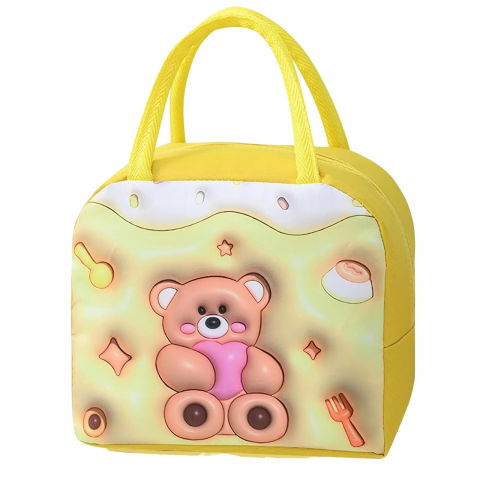 Genți termice pentru copii - Geantă frigorifică, cu desene animate 3d, portabilă pentru copii, de prânz, din pânză oxford, 23x13x19 cm, model ursulet, galben