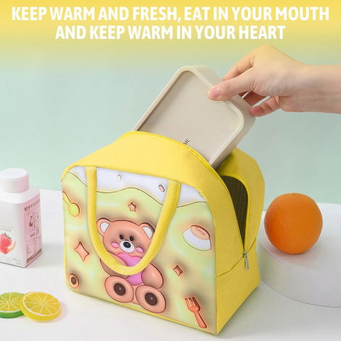 Geantă frigorifică, cu desene animate 3d, portabilă pentru copii, de prânz, din pânză oxford, 23x13x19 cm, model ursulet, galben [2]