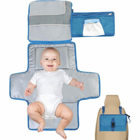 Geanta multifunctionala, tip aleza de schimbat scutece, impermeabila, din panza oxford, cu buzunare, usor de agatat, 30 x 20 cm, albastru [6]