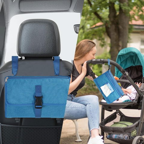 Geanta multifunctionala, tip aleza de schimbat scutece, impermeabila, din panza oxford, cu buzunare, usor de agatat, 30 x 20 cm, albastru [4]