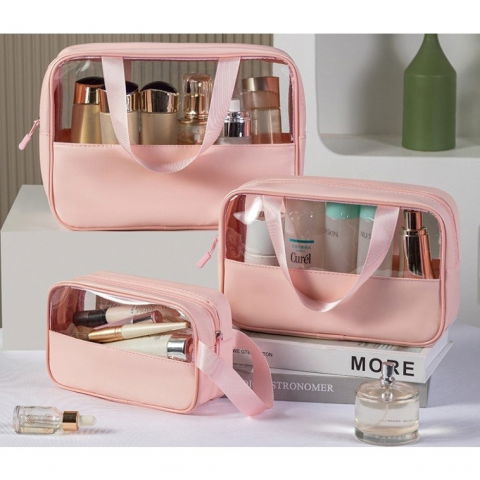 Geanta pentru cosmetice, geanta pentru voiaj sau organizarea produselor cosmetice, geanta pentru machiaj, din pvc si pu, 26 x 15 x 10 cm, roz [1]