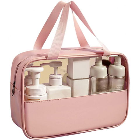 Genti, organizatoare şi accesorii voiaj - Geanta pentru cosmetice, geanta pentru voiaj sau organizarea produselor cosmetice, geanta pentru machiaj, din pvc si pu, 26 x 15 x 10 cm, roz