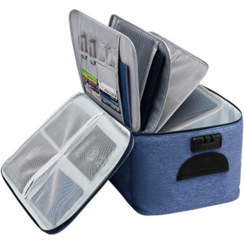 Organizatoare, perne voiaj şi accesorii - Geanta  pentru depozitare acte si documente, facturi, carduri, cu cod de securitate, 5 compartimente, impermeabila, 37 x 20 x 27 cm, albastru