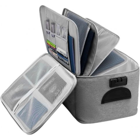 Organizatoare, perne voiaj şi accesorii - Geanta  pentru depozitare acte si documente, facturi, carduri, cu cod de securitate, 5 compartimente, impermeabila, 37 x 20 x 27 cm, gri