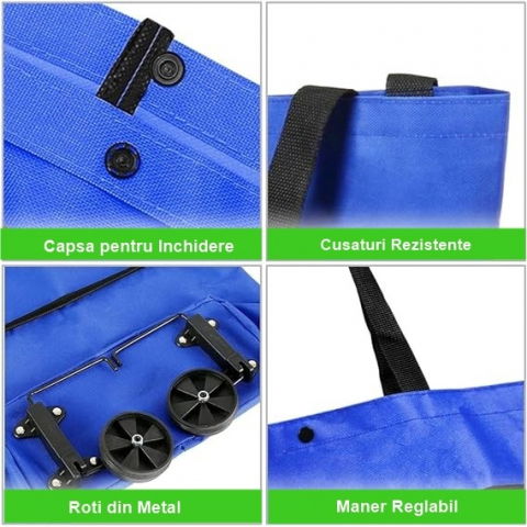 Geanta pliabila, 2 in 1, carucior cu roti, pentru cumparaturi, 19 l, albastru, plastic, 39 x 46 x 12 cm [3]