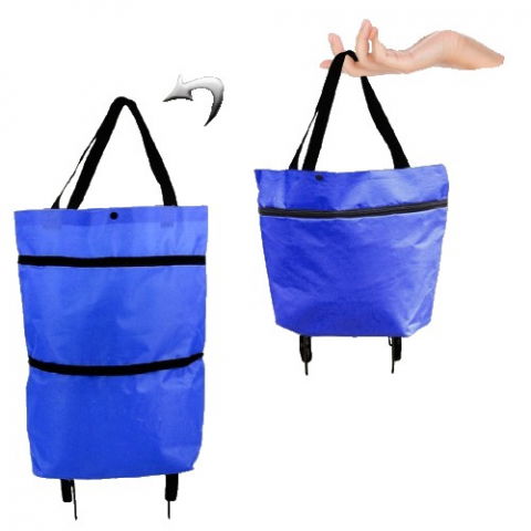 Genti, organizatoare şi accesorii voiaj - Geanta pliabila, 2 in 1, carucior cu roti, pentru cumparaturi, 19 l, albastru, plastic, 39 x 46 x 12 cm