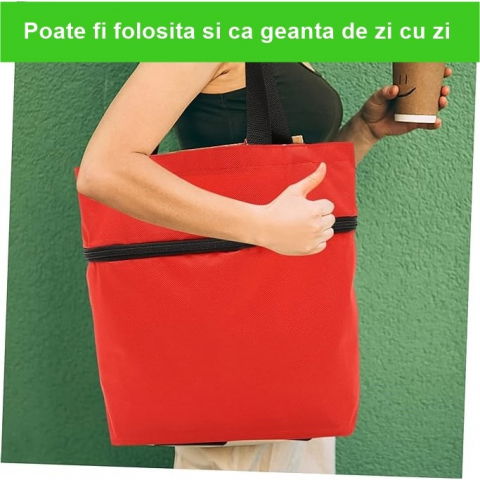 Geanta pliabila, 2 in 1, carucior cu roti, pentru cumparaturi, 19 l, rosu, plastic, 39 x 46 x 12 cm [5]