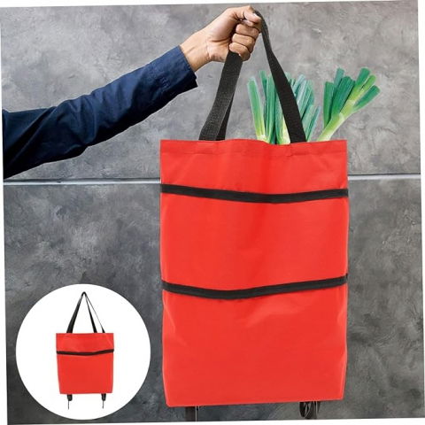 Geanta pliabila, 2 in 1, carucior cu roti, pentru cumparaturi, 19 l, rosu, plastic, 39 x 46 x 12 cm [8]