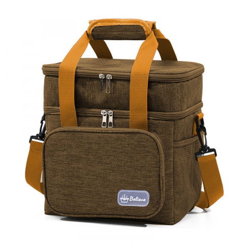 Caserole, genți termice și organizatoare pastile - Geanta termica, 2 compartimente separate, multifunctionala, impermeabila, manere si curea de umar, 25.5x18x30 cm, maro