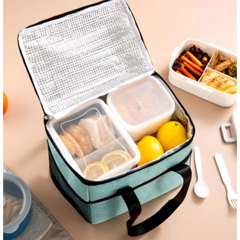 Geanta termica  pentru pranz, compartimente telefon si tacamuri, multifunctionala, impermeabila, 24x18x21 cm, verde [2]