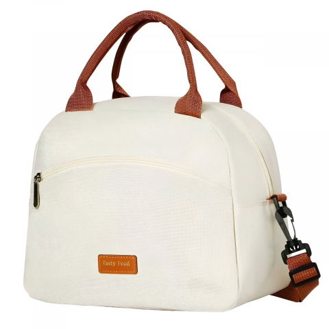 Caserole, genți termice și organizatoare pastile - Geanta termica pentru pranz  multifunctionala, compartimentata, impermeabila, 2 tipuri de manere, 26x14.3x21.2 cm, crem