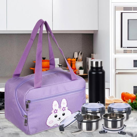 Geanta termo-izolanta, compartimente telefon si tacamuri, multifunctionala, impermeabila, 30x21x20 cm, design iepuras, mov [1]