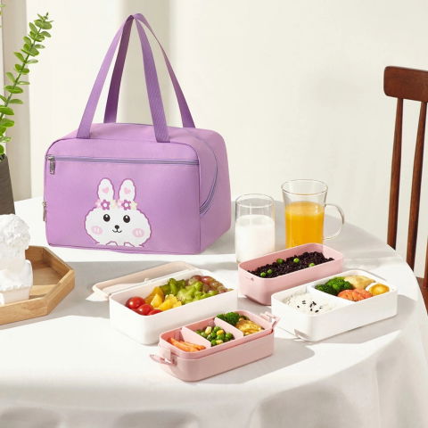 Geanta termo-izolanta, compartimente telefon si tacamuri, multifunctionala, impermeabila, 30x21x20 cm, design iepuras, mov [4]