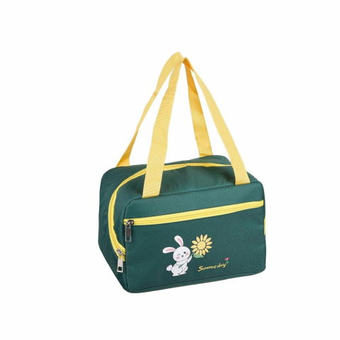 Caserole, genți termice și organizatoare pastile - Geanta termo-izolanta, compartimente telefon si tacamuri, multifunctionala, impermeabila, 30x21x20 cm, design iepuras, verde