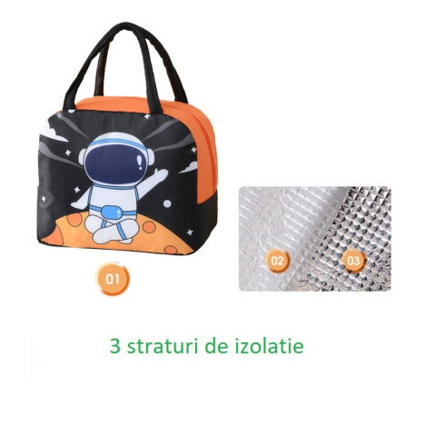 Geanta termoizolanta pentru copii, 23x13x19 cm, model imprimeu astronaut, din folie de aluminiu si panza oxford, negru/portocaliu [4]
